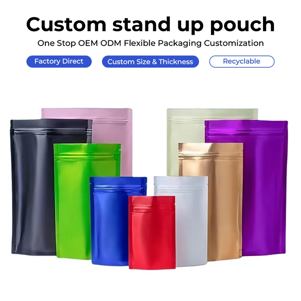 Range of colorful custom stand-up pouch examples in different sizes