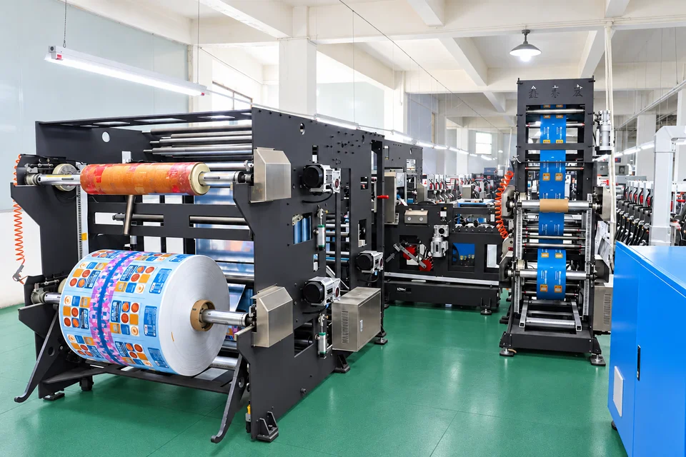 Printed film rolls on production and handling equipment
