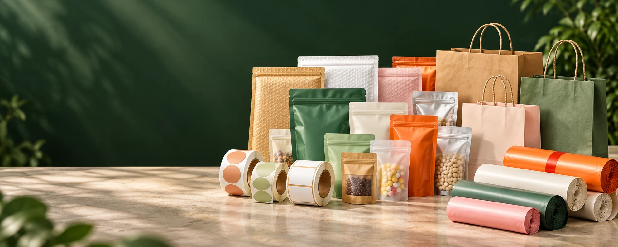 An illustrative arrangement of mailers, pouches, labels, wrap and paper bags